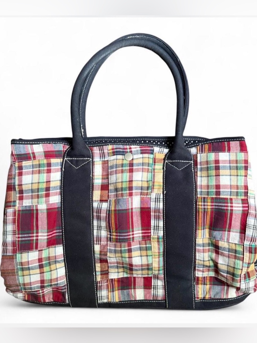 J CREW Madras plaid patchwork tote bag with reds, navy and green plaid.